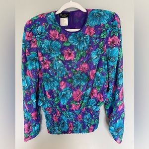 Diane Freis Vintage 80's Purple Beaded Chiffon Floral Top (M)
